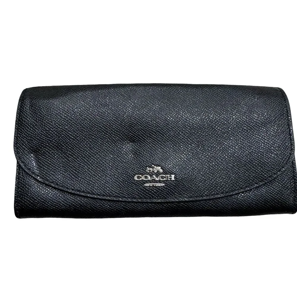 Coach Folding Wallet Black Zipper Pocket Credit Card Women's